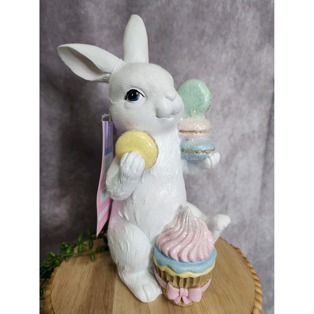 Easter Bunny Rabbit With Cupcake Macarons Cookies Figurine Figure 9.5" Resin NEW